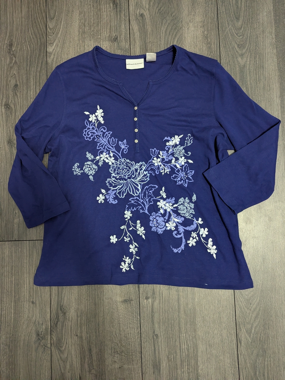 Alfred Dunner Purple Long-Sleeve Floral Henley Tee